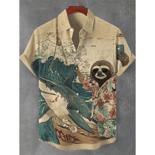 New men's 3D octopus print short sleeved shirt, retro summer