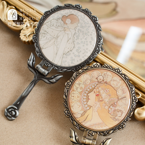 穆夏繁花手持化妆镜复古折叠镜