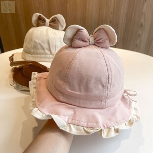 宝宝帽子春秋薄款甜美蝴蝶结渔夫帽女童遮阳防晒帽小月龄女孩盆帽