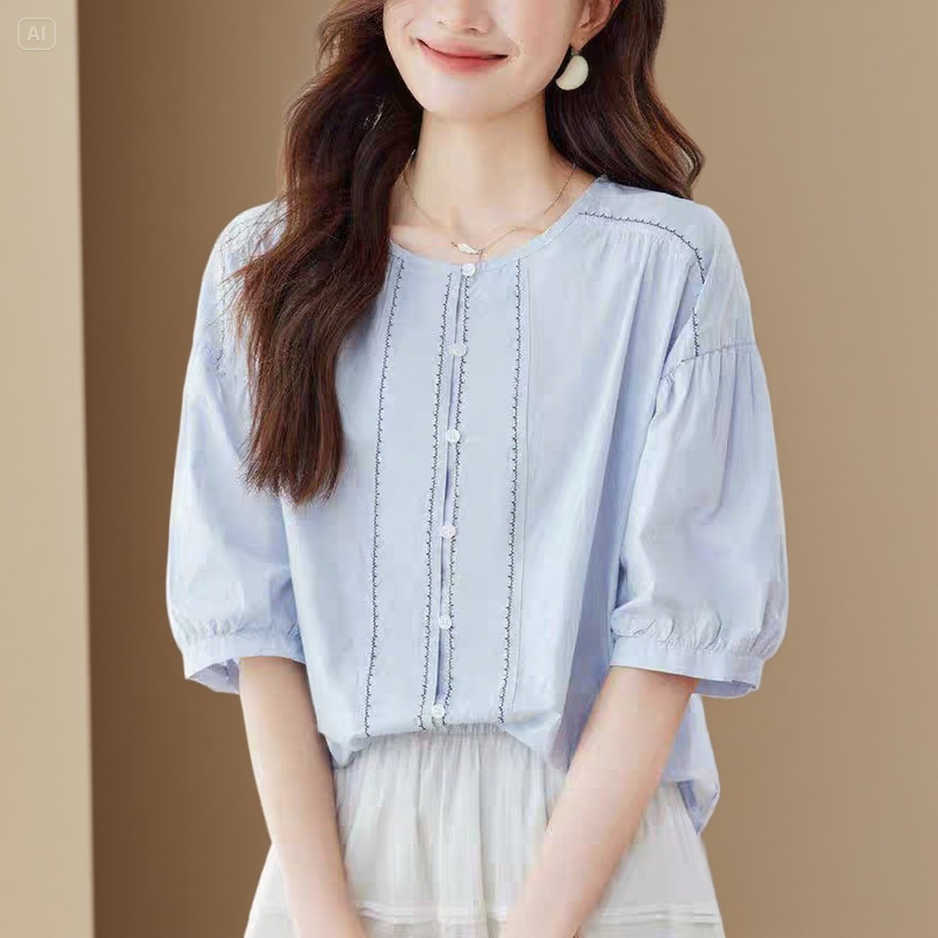 上衣女纯棉2025衬衫灯笼袖衬衣 短袖新款淡蓝色夏季宽松圆领