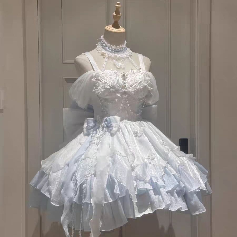 蓝白天鹅公主风小礼服lolita裙夏