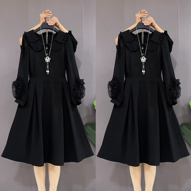 胖mm秋季时尚大码女装长袖拼接小黑裙娃娃领显瘦气质连衣裙百搭