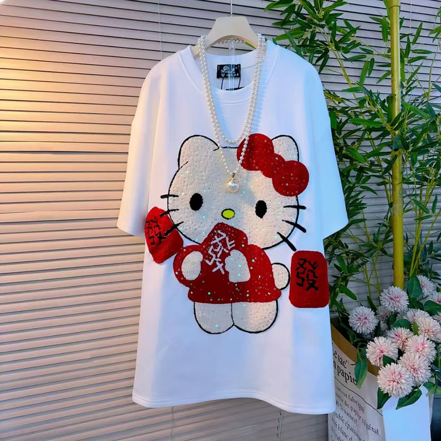 冬季新款胖妹妹大码卡通亮片贴布宽松上衣显瘦微胖五分袖T恤大衫