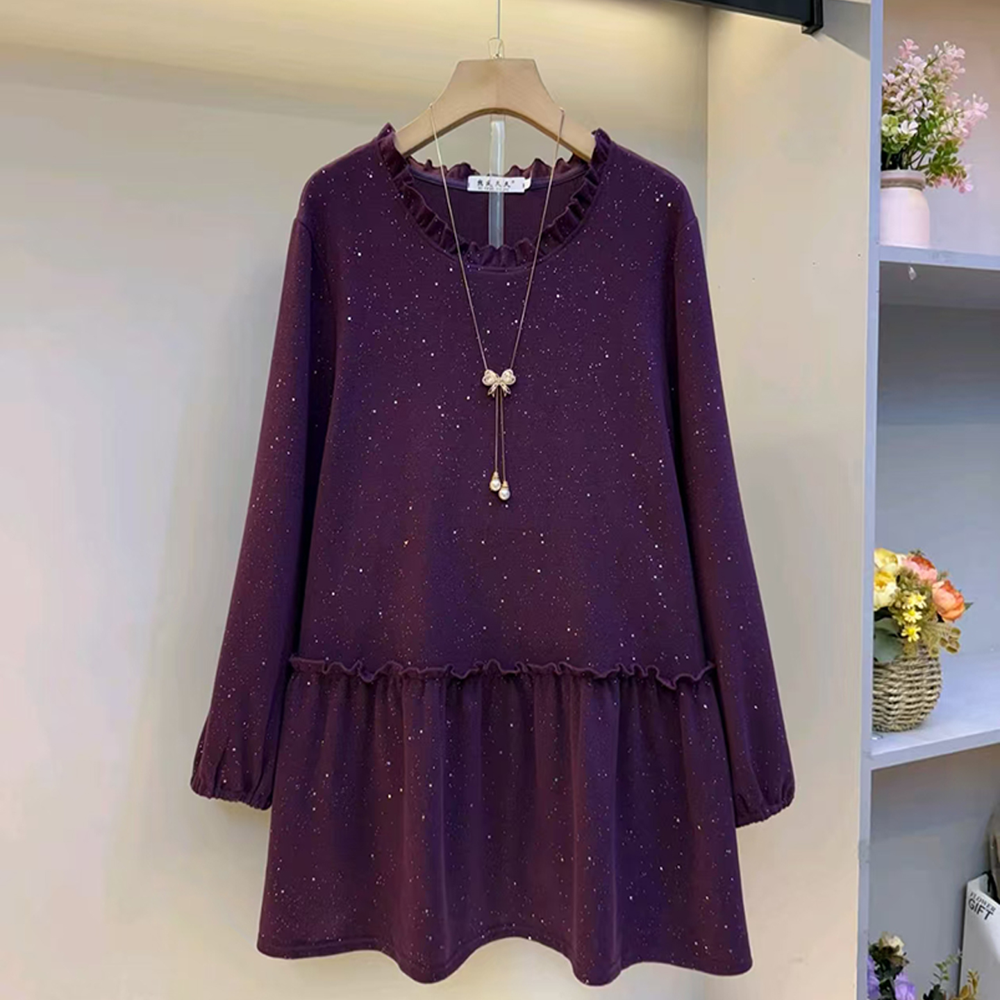 胖妹妹冬季2025中长款打底衬衫裙百搭韩版遮肉遮肚上衣圆领显瘦潮