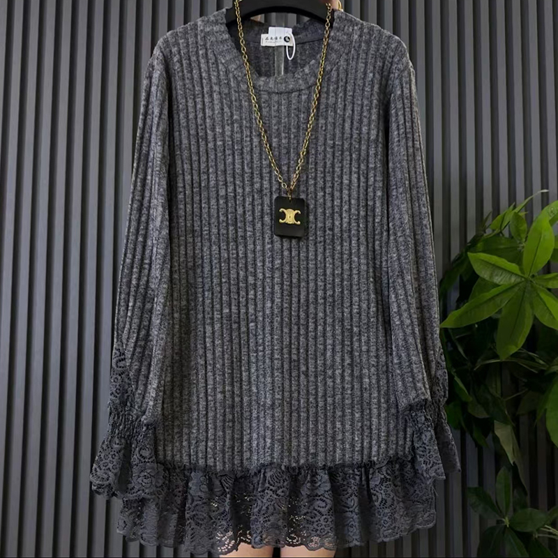 胖mm时尚韩版休闲衬衫裙百搭蕾丝拼接中长款衬衫遮肉显瘦上衣宽松