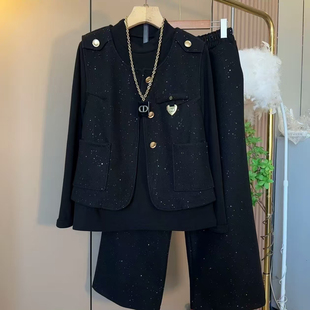 胖妹妹欧洲站冬季小香风毛呢三件套轻奢高级感显瘦长裤一整套宽松