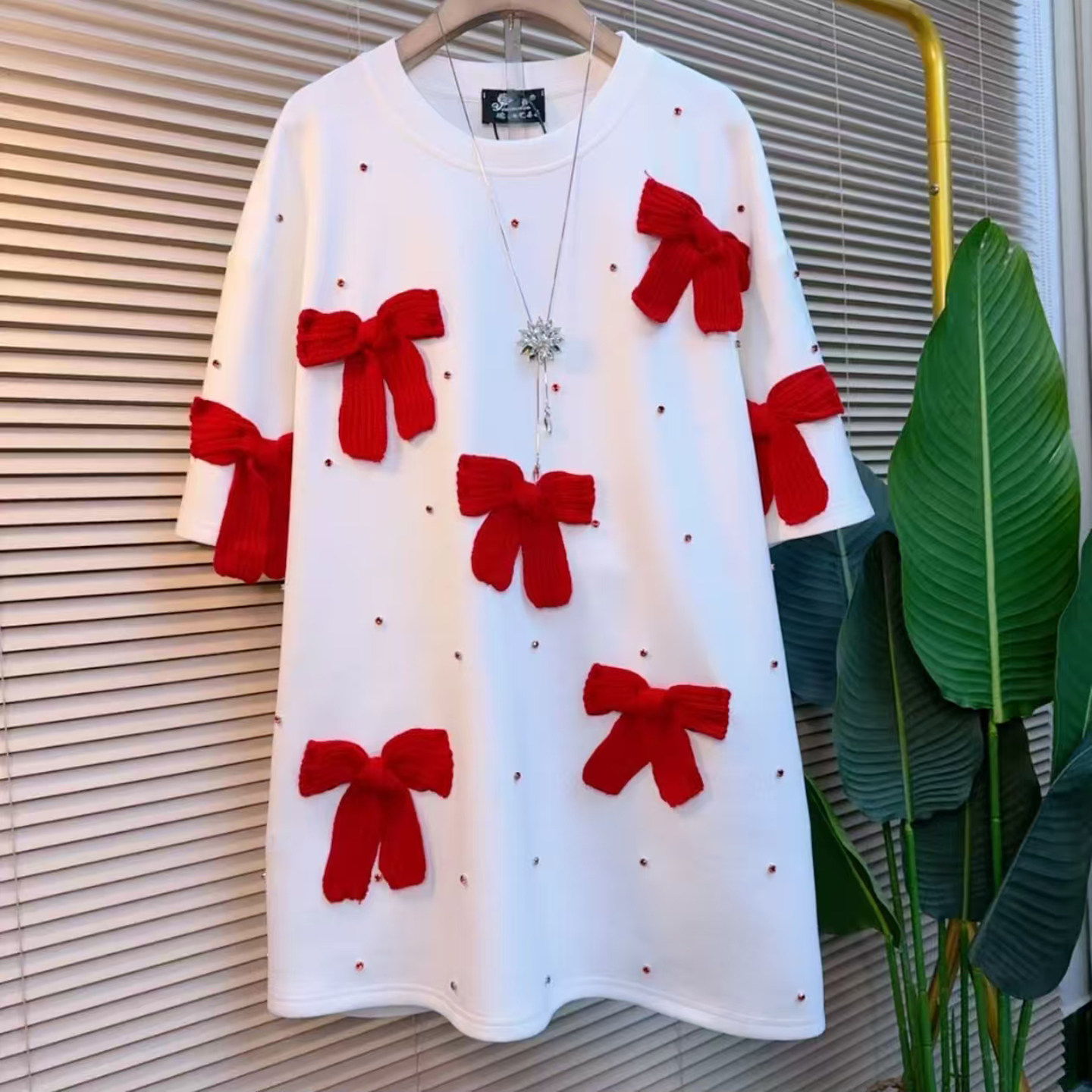 胖妹妹欧洲站2026五分袖百搭蝴蝶结大衫中长款遮肉高级感上衣宽松,女装/女士精品,大码内搭,淘宝优惠券,粉丝福利购,淘宝优惠卷