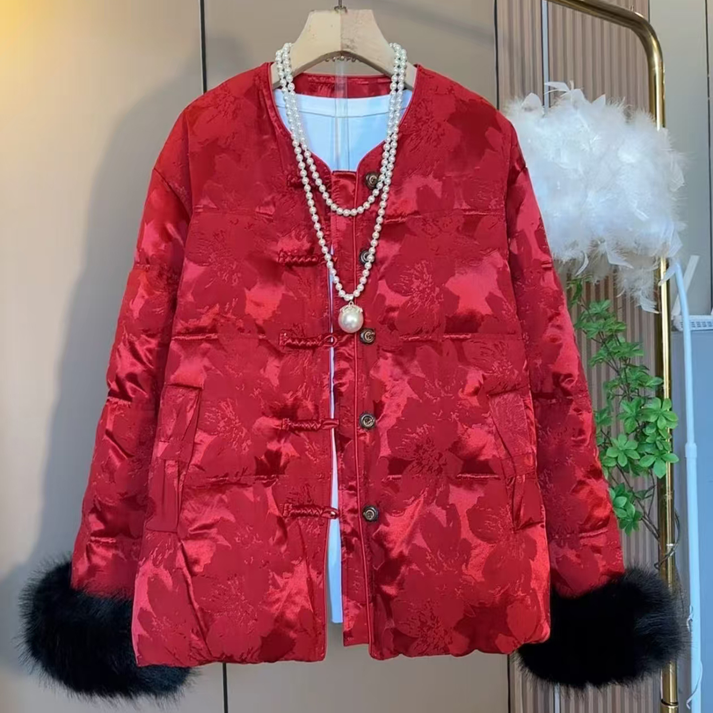 胖妹妹大码女装2025新中式遮肉毛毛棉服外套宽松高级感羽绒棉外衣