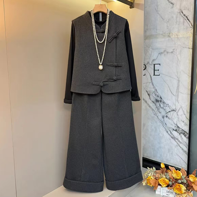 胖妹妹冬季新款毛呢套装宽松阔腿裤马夹三件套时尚气质遮肉一整套