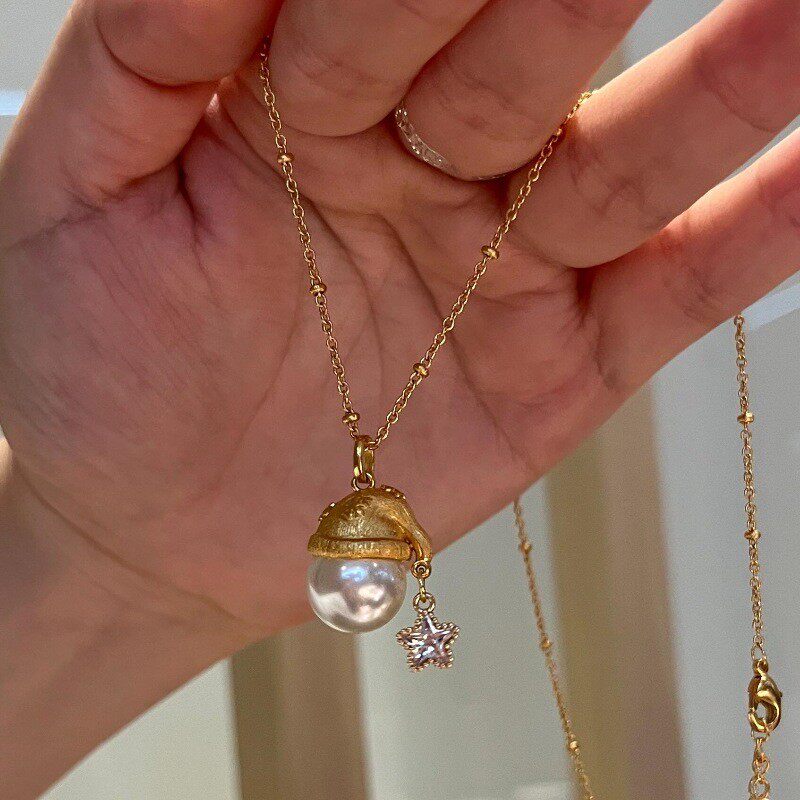 重工！拉丝金色圣诞帽闪钻星星项