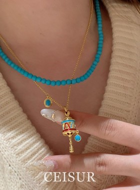 新中式蓝色珐琅拨浪鼓绿松石