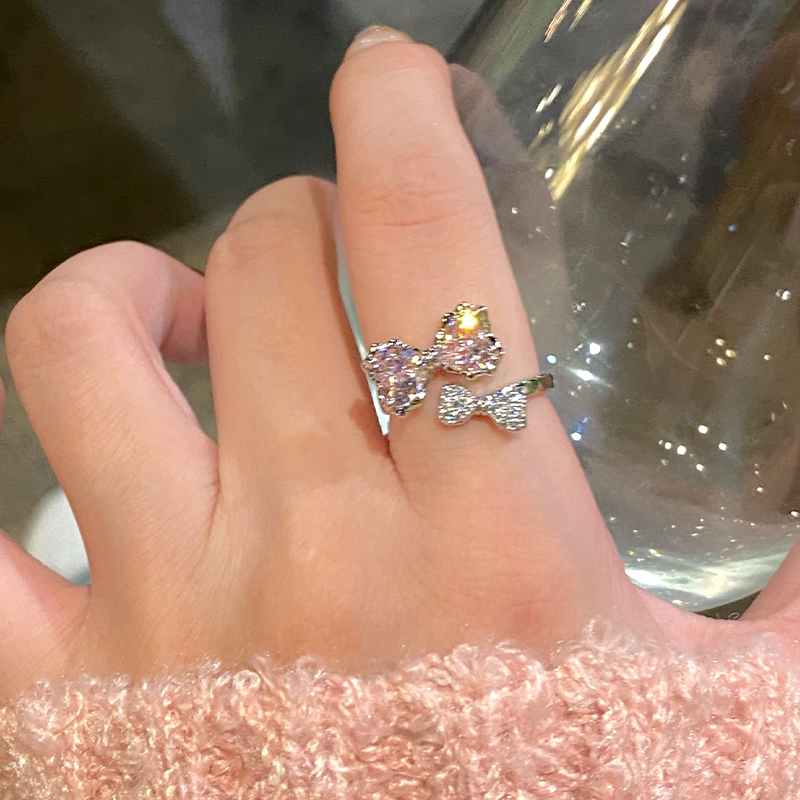 粉钻蝴蝶结双层戒指女轻奢甜美