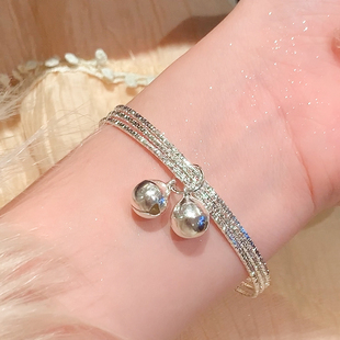 三环铃铛银手镯女气质手环高级感素圈手串镯子银饰品手链轻奢小众