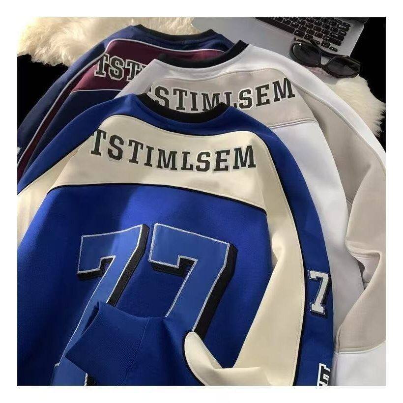 秋冬季美式复古篮球服卫衣男女赛车棒球冰球服情侣套头上衣长袖