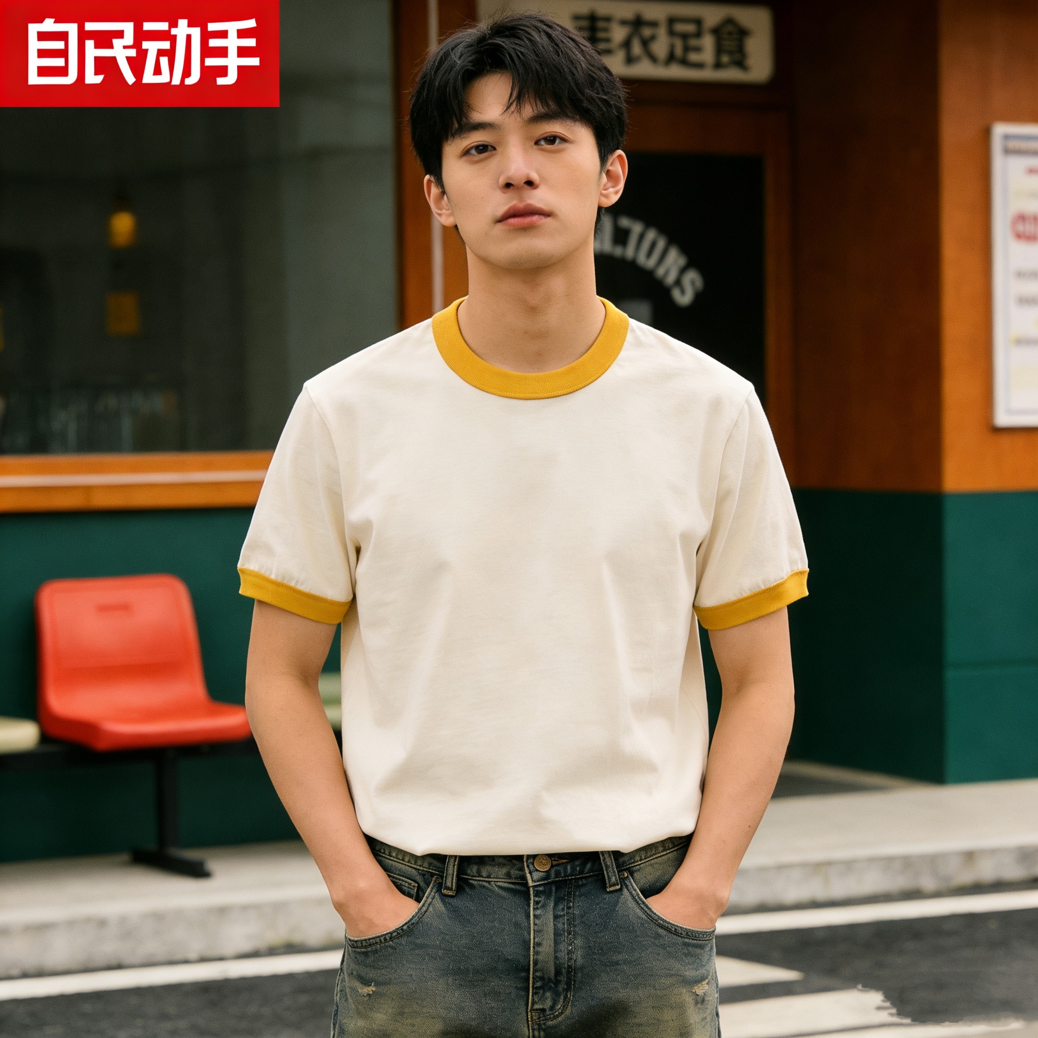 2026夏季210g复古拼色男女情侣纯棉圆领撞色休闲短袖T恤潮流复古