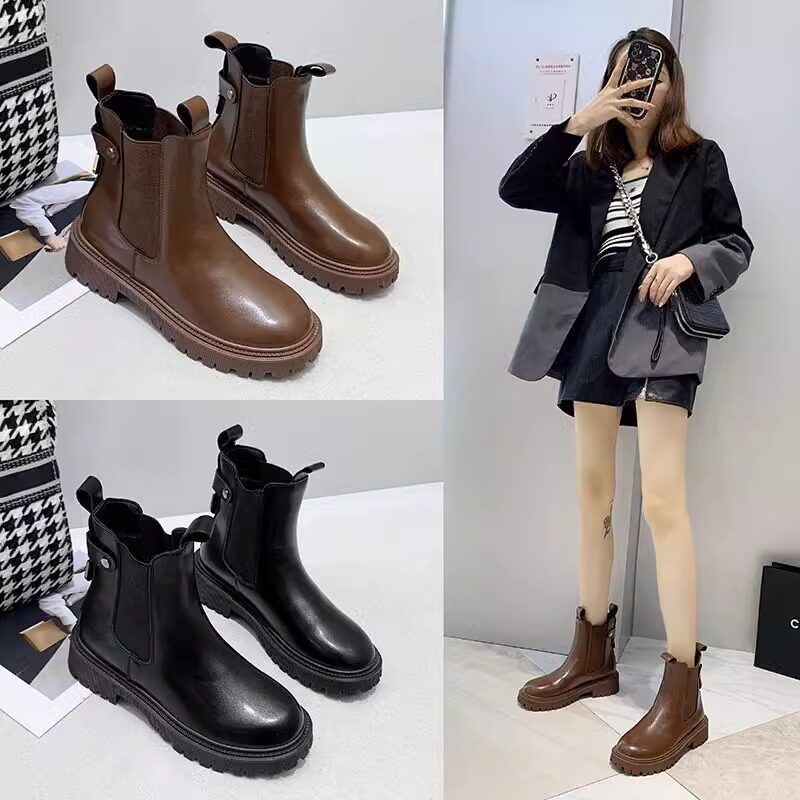 YIERKANG  가죽 마틴 부츠 여성 가을 겨울 새로운 영국 스타일 플랫 레트로 굴뚝 부츠 부드러운 가죽 첼시 짧은 부츠