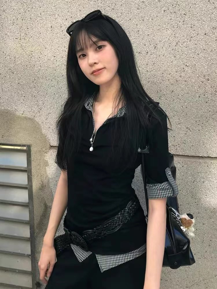 thumbnail for Contrast check stitching polo neck short sleeve t-shirt women's summer 2024 new slim fit sweet and spicy fake two-piece top tide