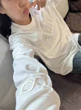 埃及棉卫衣海马棉卫衣小香风刺绣白色松弛感长袖卫衣女早秋新款ov
