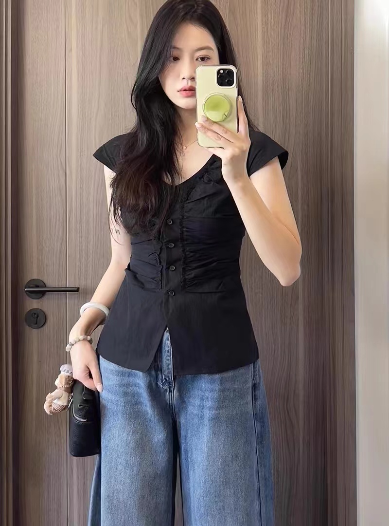 thumbnail for Sweet Babes V-neck Cardigan Black Small Flying Sleeve Shirt Women's Summer Slim Slim Slim Niche Design Chic Top