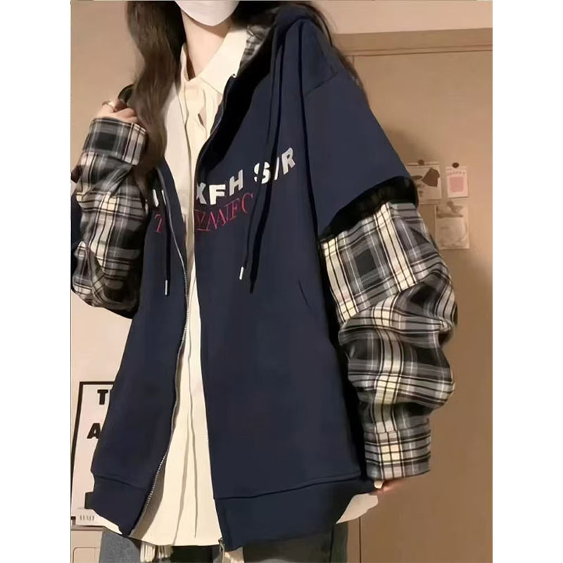 thumbnail for Fake two-piece patchwork plaid hooded sweatshirt women's spring and autumn thin design sense niche loose lazy style couple coat