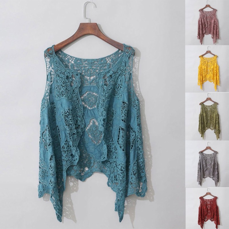 여성 여름 민소매 오픈 프론트 카디건 BOHO HOLLOW OUT