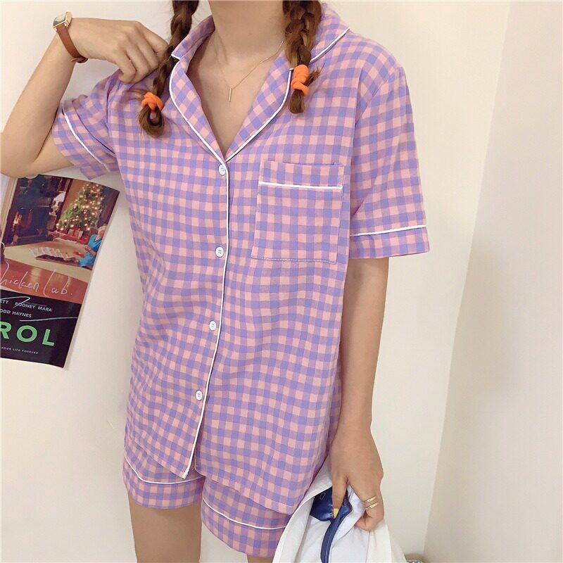 CUTE GRID GIRLS PAJAMAS SET KOREAN SUMMER NEW SHORT SLEEVE L