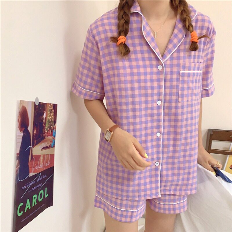 CUTE GRID GIRLS PAJAMAS SET KOREAN SUMMER NEW SHORT SLEEVE L