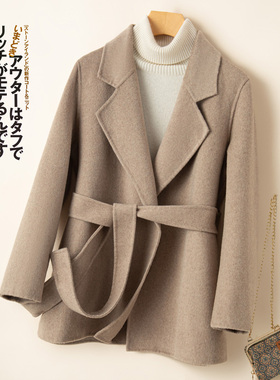 反季秋冬高端双面羊绒大衣女小个子羊毛呢外套系带双面呢西装领潮