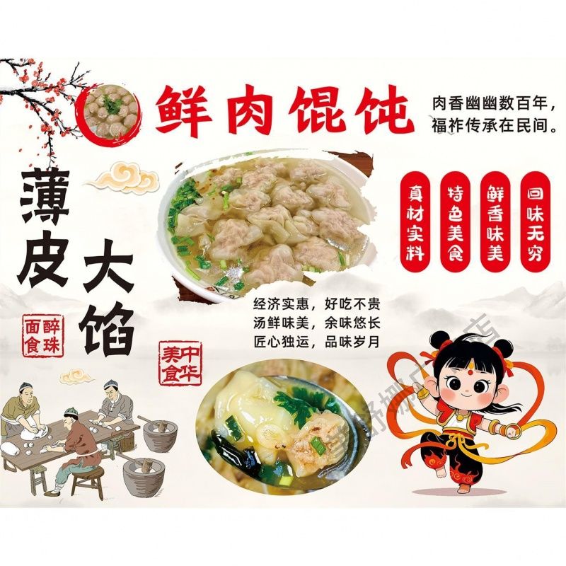 美食KT板灯箱广告背胶海报小吃装饰画推车贴画软膜图片鲜肉馄饨