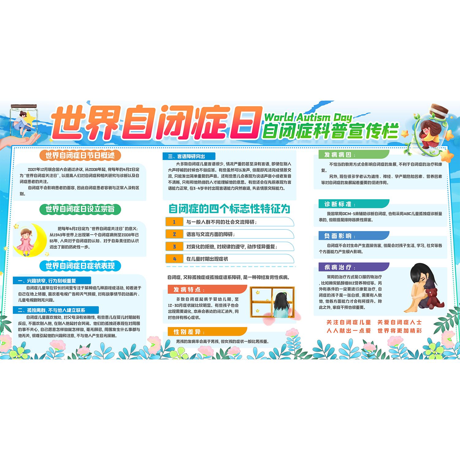 世界自闭症日科普孤独症常识宣传栏上墙贴纸挂图海报印制