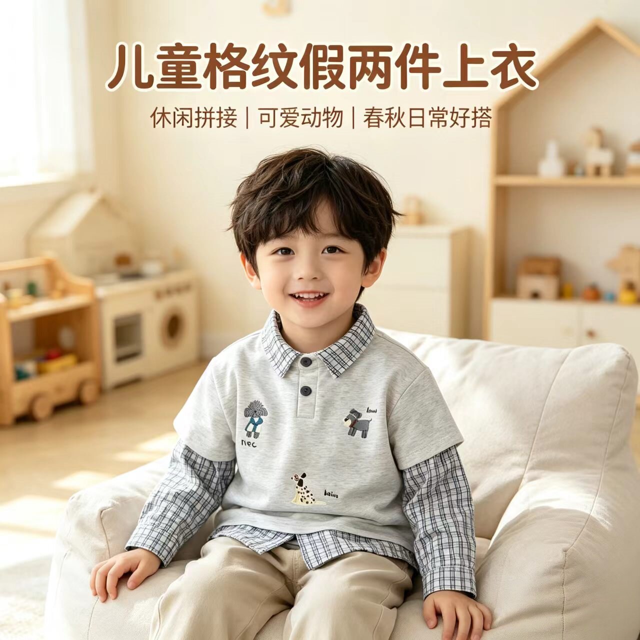 儿童拼接格子卡通长袖翻领卫衣