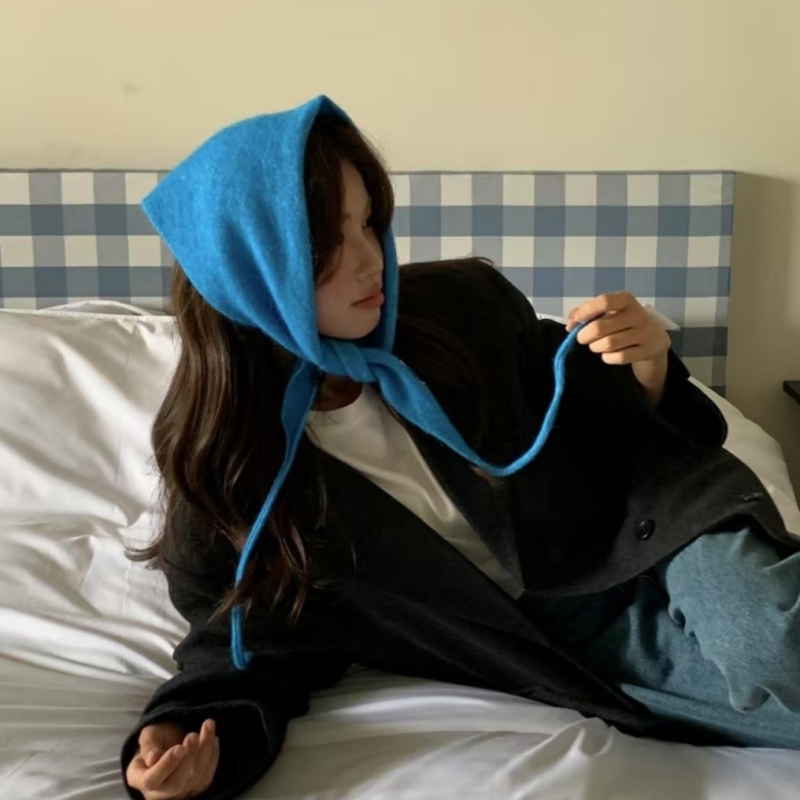 蓝色针织三角巾头巾女秋冬