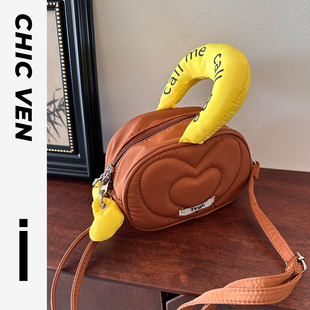 CHIC VEN小众洋气休闲尼龙布小圆包可爱精致手提化妆包单肩斜挎包