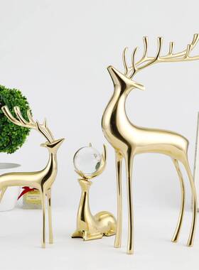 铜鹿摆件纯铜一对轻奢简约创意欧式复古招财客厅电视落地家居饰品