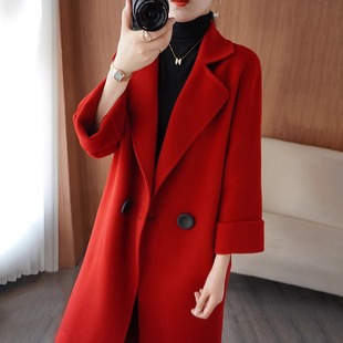 时尚朗姿2025秋冬新款中国红高端双面羊绒大衣女中长款羊毛呢外套