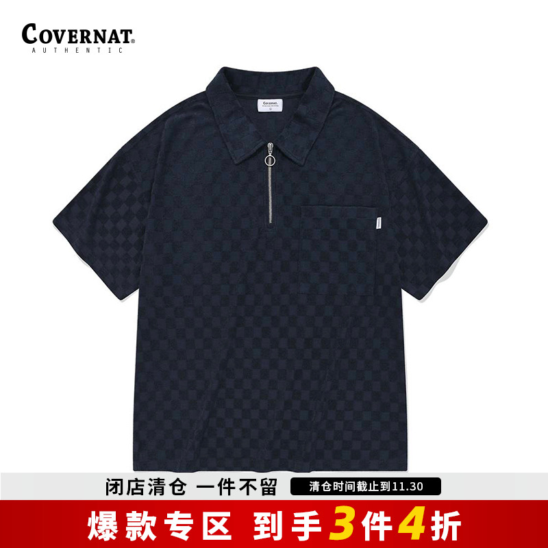 covernat韩国潮牌格子板短袖翻领T恤半拉链宽松休闲百搭情侣夏季
