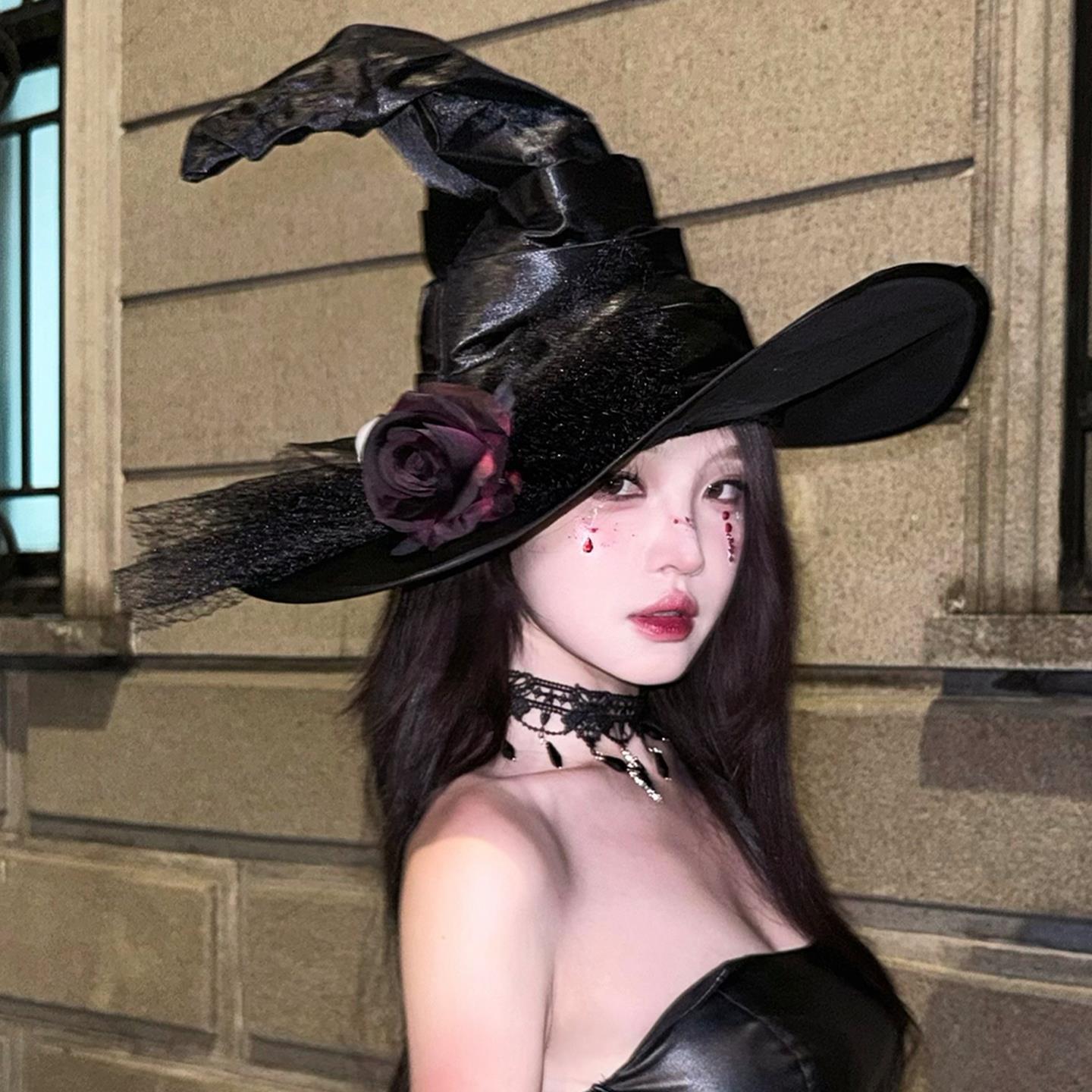 原创！万圣节cos演出装扮道具黑玫瑰骷髅头女巫帽魔法帽头饰帽子