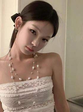 多层珍珠配裙子项链女轻奢小众高级感海边颈链长款叠戴配饰锁骨链