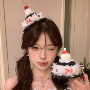 原创!可点燃樱桃蛋糕生日帽发夹拍照道具氛围感发饰女小礼帽头饰