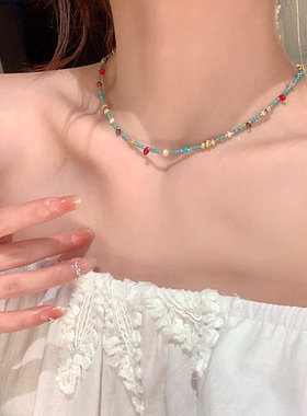 天然绿松石彩色串珠项链女轻奢高级感小众颈链配饰锁骨链choker
