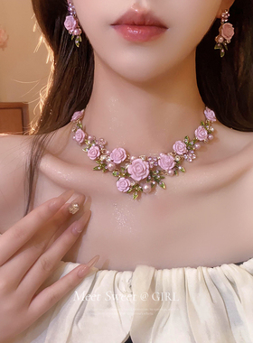 珍珠锁骨链粉色花朵夸张颈链女款2025新款时尚脖子装饰配饰