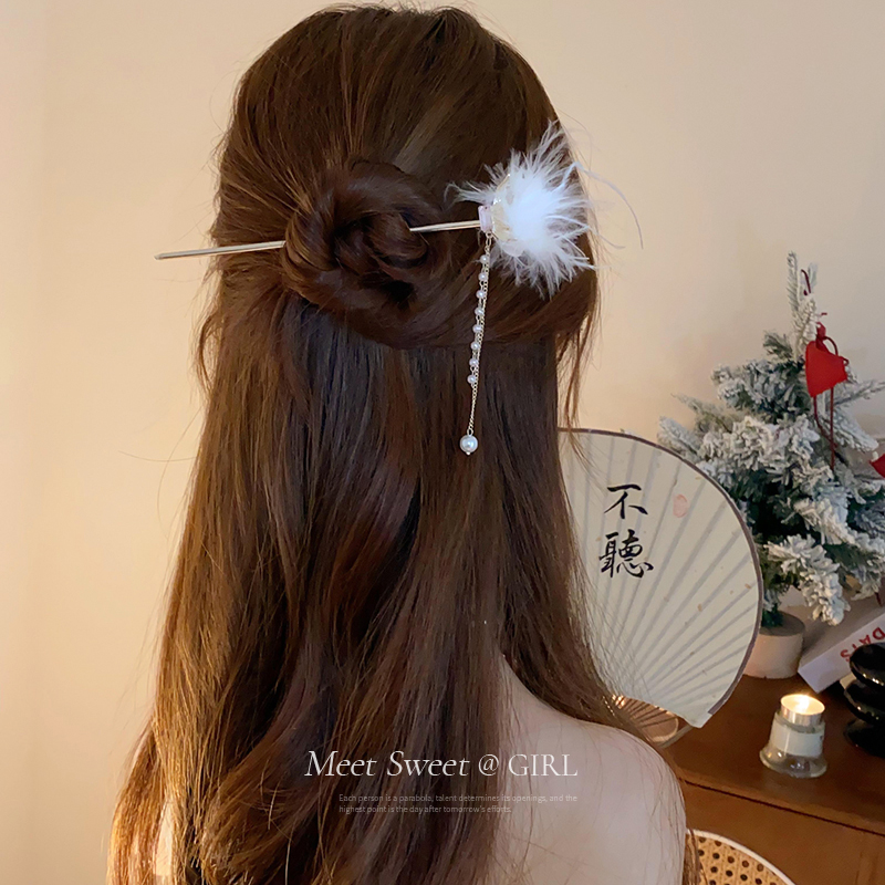 仙气毛毛羽毛发簪新中式珍珠流苏步摇簪子女古风发钗白色盘发头饰