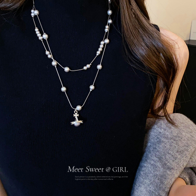 叠戴土星灰色珍珠毛衣链轻奢高级感大气高档百搭长款项链配饰女