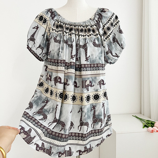 夏季 胖mm遮肉人造棉t恤 棉绸一字肩上衣女薄款 宽松外穿田园短袖