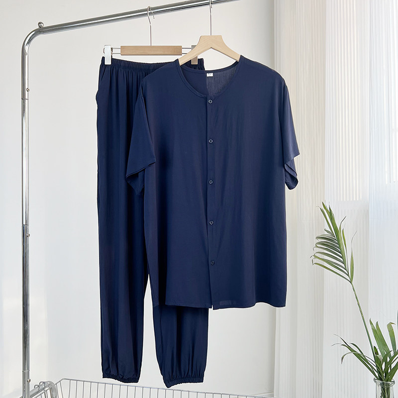 棉绸夏季中老年短袖开衫长裤爸爸绵绸上衣裤子薄款人造棉两件套装,男装,休闲运动套装,淘宝优惠券,粉丝福利购,淘宝优惠卷