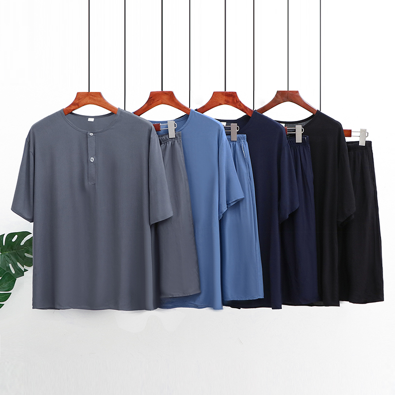 棉绸短袖套装男士宽松套头圆领衫