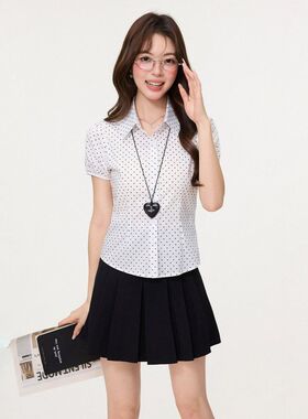 学院风poIo领波点短袖衬衫女2026夏季新款设计感修身翻领上衣