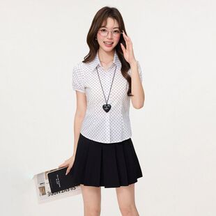 学院风poIo领波点短袖衬衫女2026夏季新款设计感修身翻领上衣