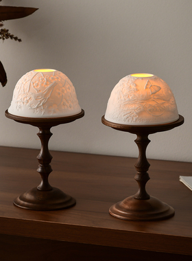 中古风胡桃木烛台带骨瓷通风罩蜡烛台装饰品烛光香薰蜡烛餐桌摆件