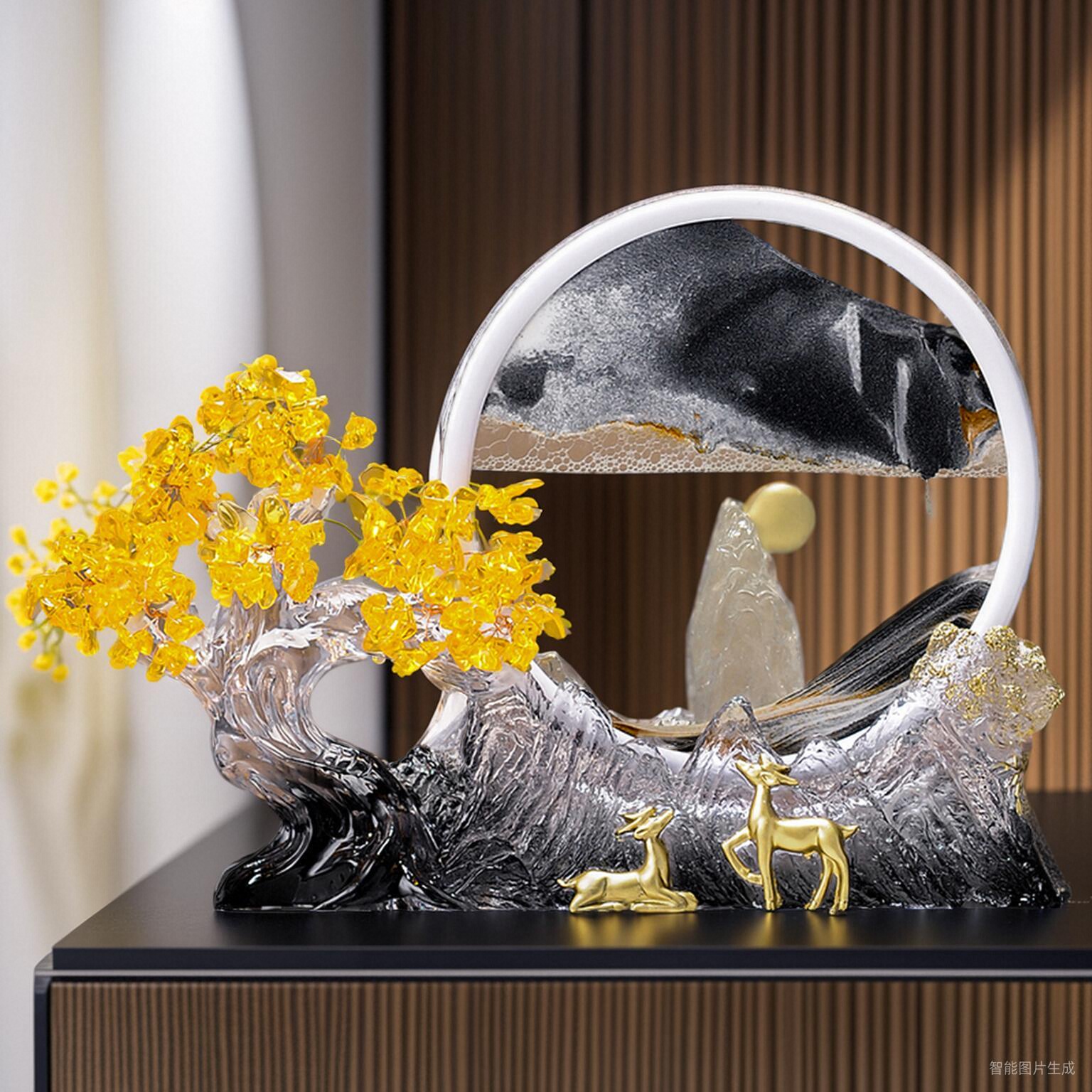 摇钱树流沙画新中式摆件轻奢高档办公室客厅玄关酒柜电视柜装饰品图片